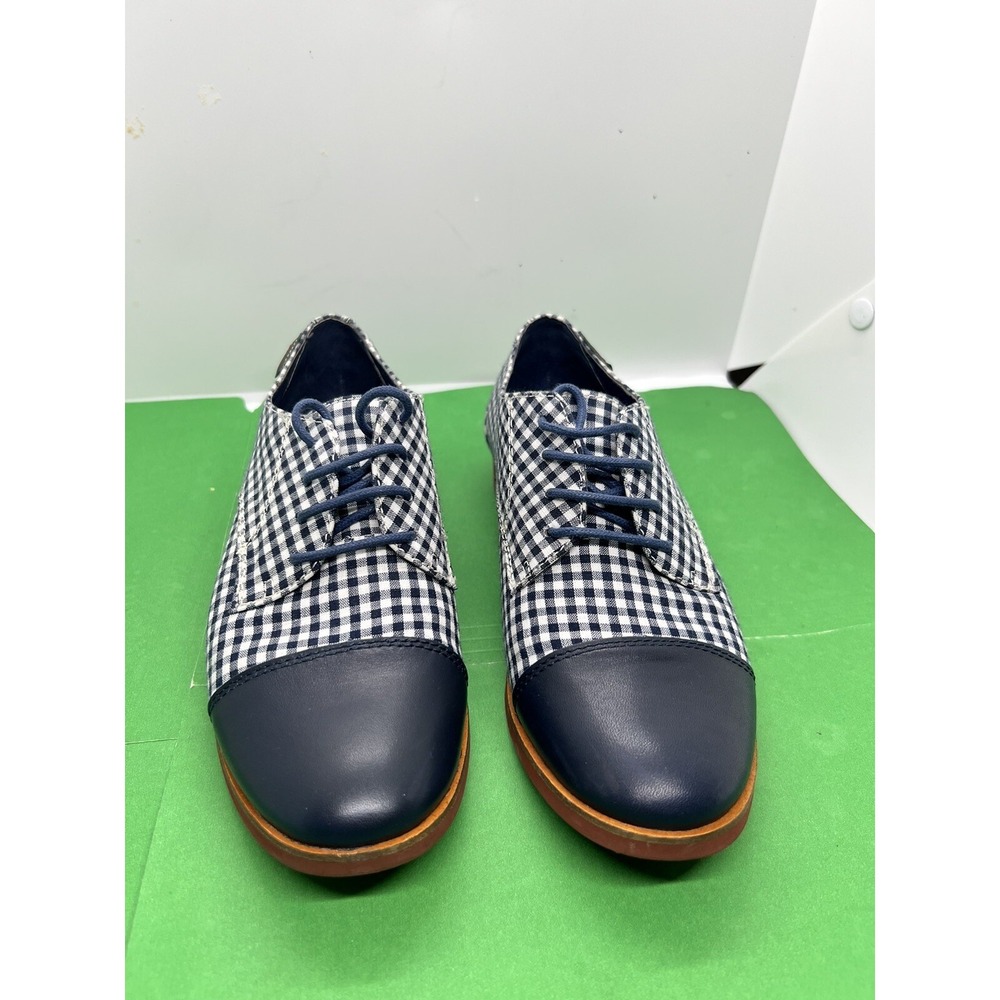 G.H. Bass Evelyn Oxfords Navy Blue Gingham Leather Cap Toe Flats 6.5